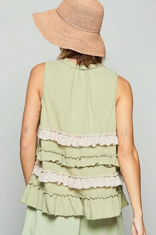 POL Ruffled Open Front Sleeveless Cardigan - Sleekdenim.com