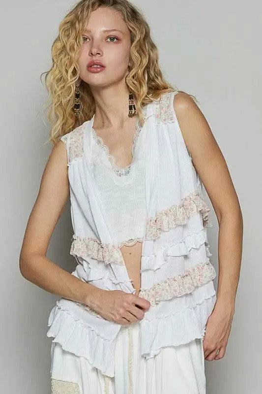 POL Ruffled Open Front Sleeveless Cardigan - Sleekdenim.com