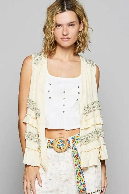 POL Ruffled Open Front Sleeveless Cardigan - Sleekdenim.com