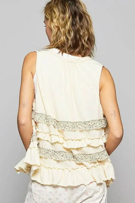 POL Ruffled Open Front Sleeveless Cardigan - Sleekdenim.com