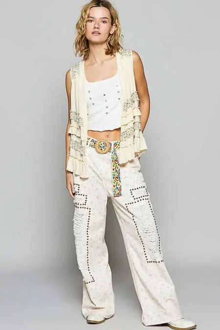 POL Ruffled Open Front Sleeveless Cardigan - Sleekdenim.com