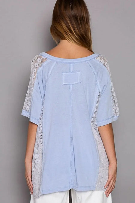 POL Short Sleeve Lace Crochet Panel Top - Sleekdenim.com