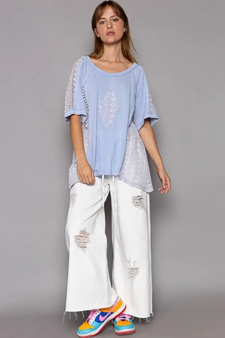 POL Short Sleeve Lace Crochet Panel Top - Sleekdenim.com