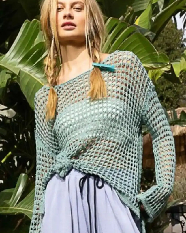 POL Side Slit Openwork Long Sleeve Knit Cover Up - Sleekdenim.com