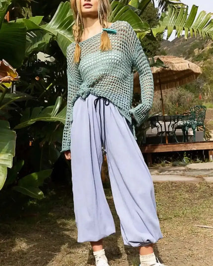 POL Side Slit Openwork Long Sleeve Knit Cover Up - Sleekdenim.com