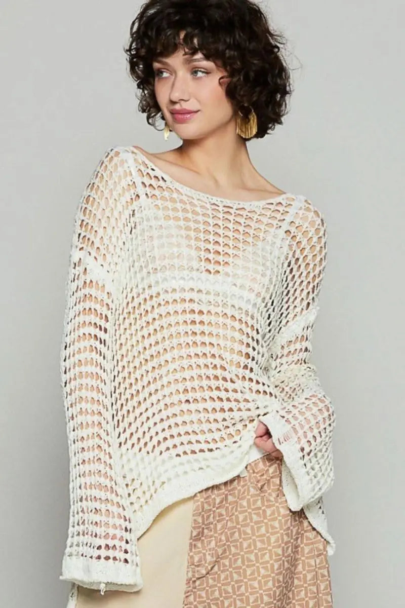 POL Side Slit Openwork Long Sleeve Knit Cover Up - Sleekdenim.com