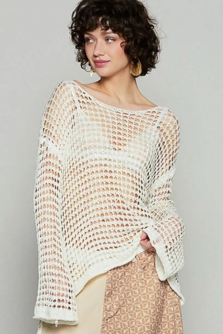 POL Side Slit Openwork Long Sleeve Knit Cover Up - Sleekdenim.com