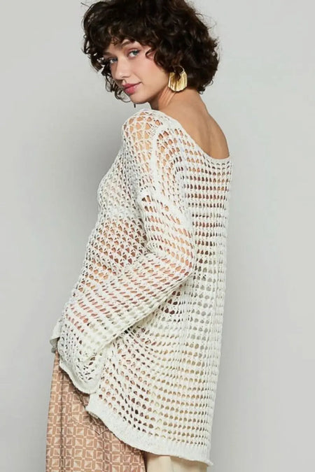 POL Side Slit Openwork Long Sleeve Knit Cover Up - Sleekdenim.com