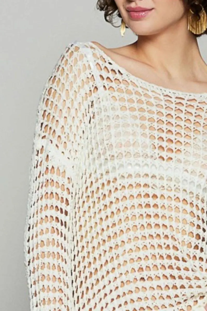 POL Side Slit Openwork Long Sleeve Knit Cover Up - Sleekdenim.com