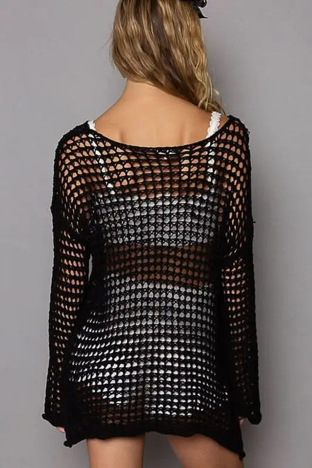 POL Side Slit Openwork Long Sleeve Knit Cover Up - Sleekdenim.com