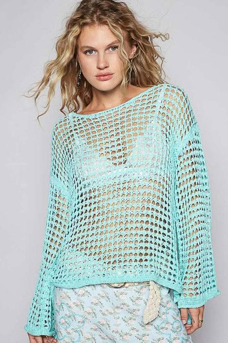 POL Side Slit Openwork Long Sleeve Knit Cover Up - Sleekdenim.com