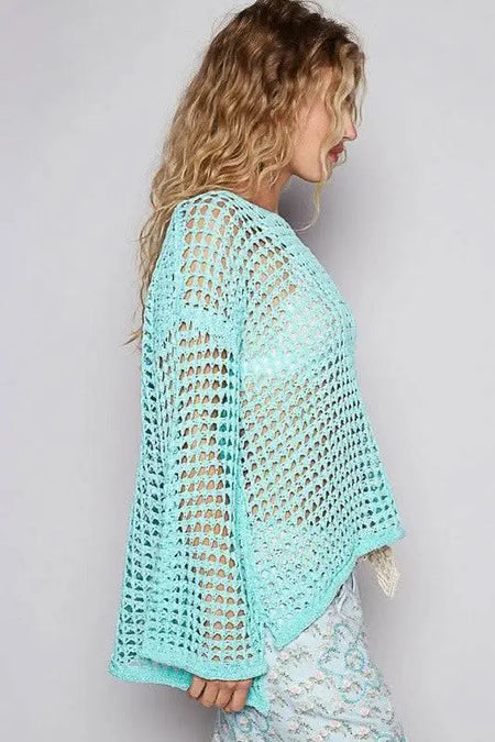 POL Side Slit Openwork Long Sleeve Knit Cover Up - Sleekdenim.com