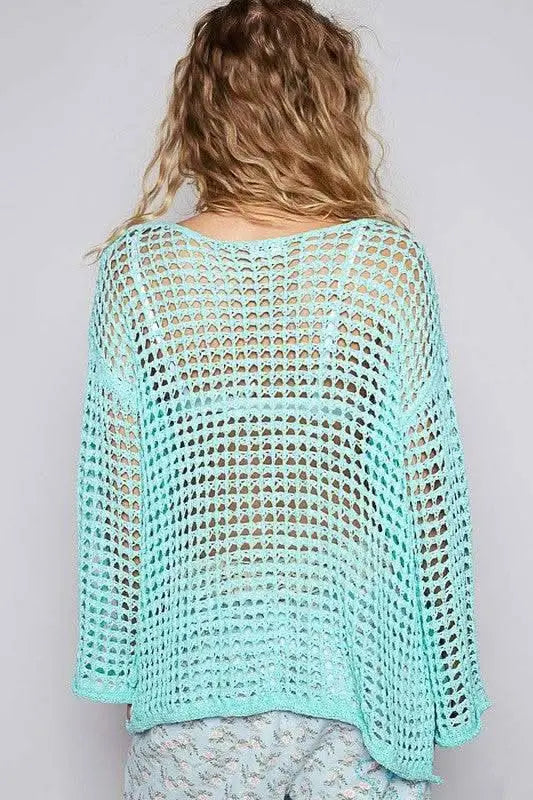 POL Side Slit Openwork Long Sleeve Knit Cover Up - Sleekdenim.com