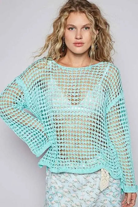 POL Side Slit Openwork Long Sleeve Knit Cover Up - Sleekdenim.com