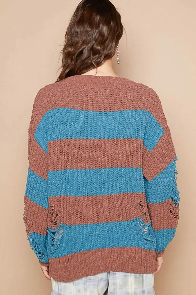 POL Striped Distressed Long Sleeve Sweater - Sleekdenim.com