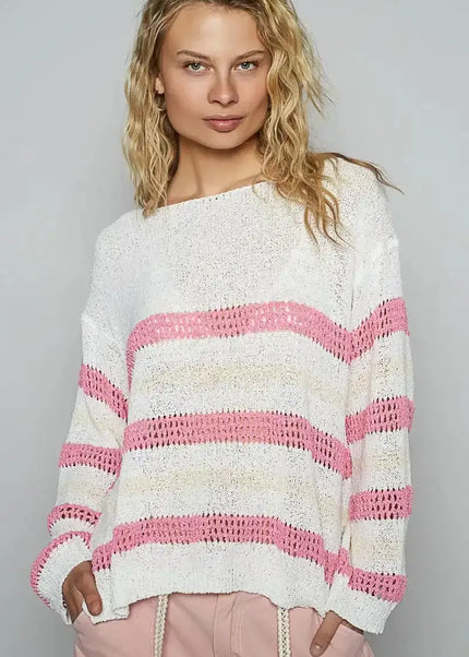POL Striped Openwork Round Neck Knit Top - Sleekdenim.com