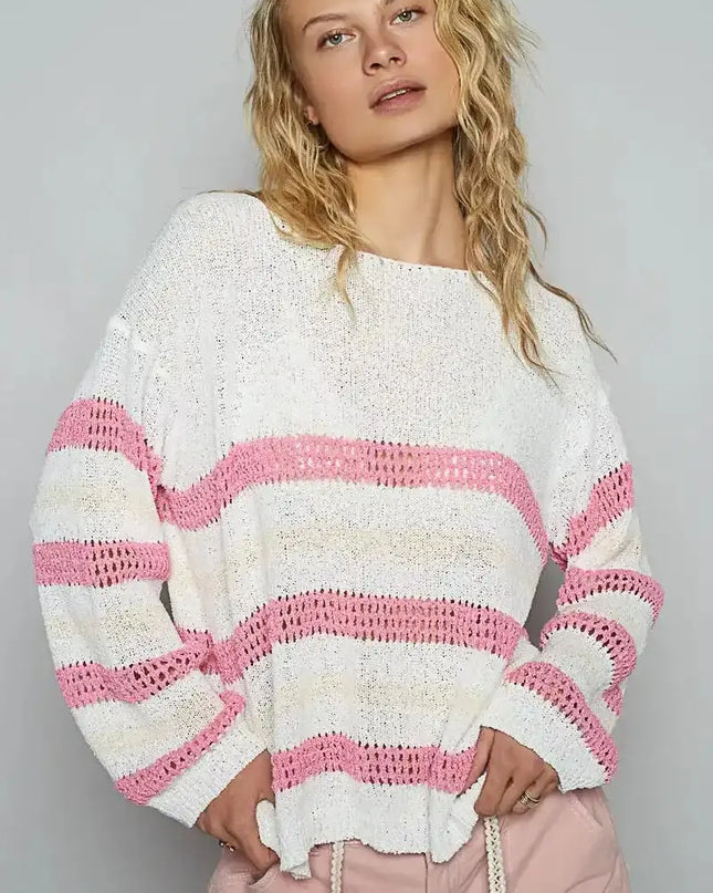 POL Striped Openwork Round Neck Knit Top - Sleekdenim.com