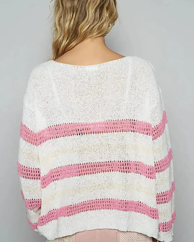 POL Striped Openwork Round Neck Knit Top - Sleekdenim.com