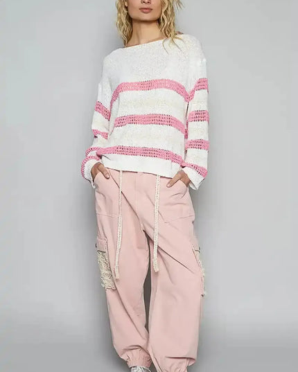 POL Striped Openwork Round Neck Knit Top - Sleekdenim.com