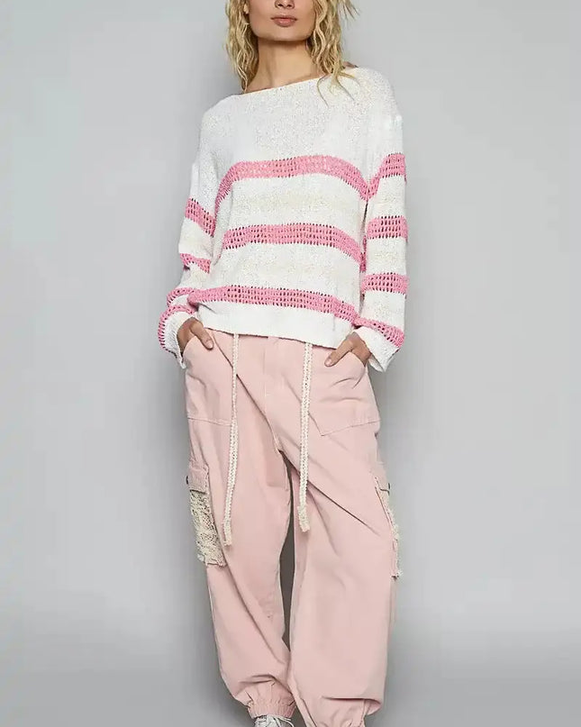 POL Striped Openwork Round Neck Knit Top - Sleekdenim.com