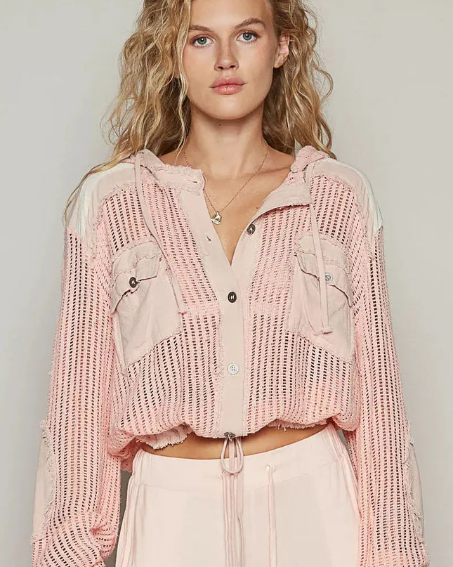 POL Texture Woven Button Down Hooded Shirt with Drawstring Hem - Sleekdenim.com