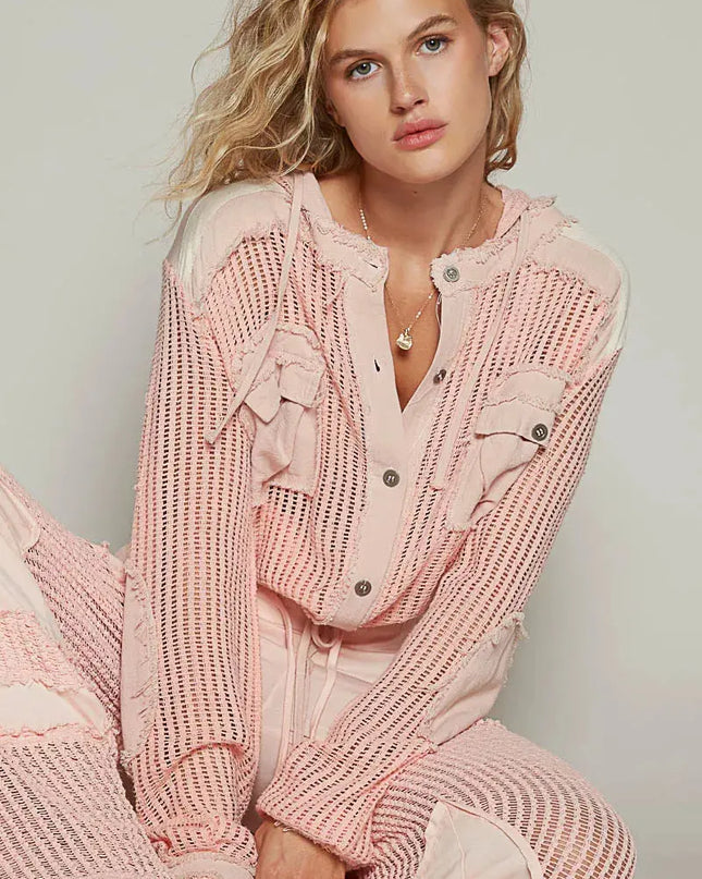 POL Texture Woven Button Down Hooded Shirt with Drawstring Hem - Sleekdenim.com