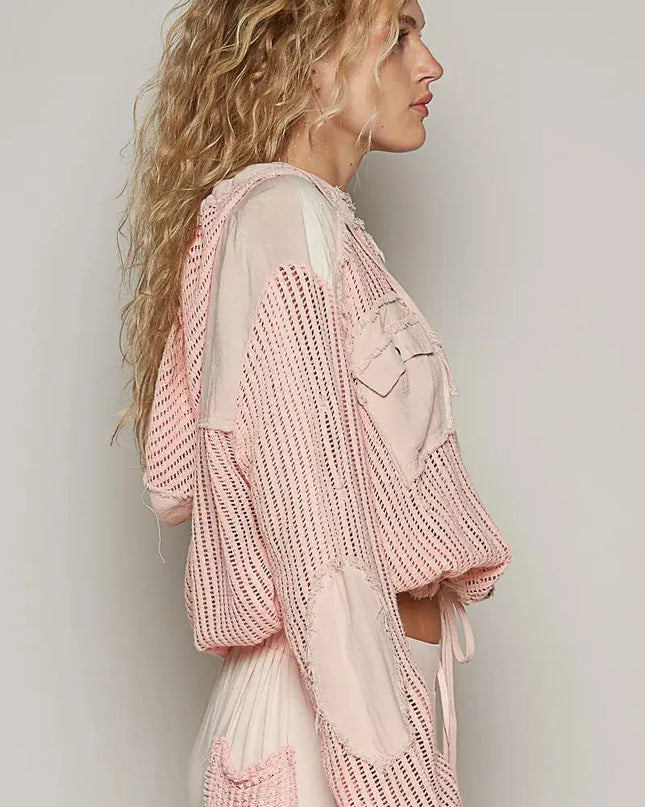 POL Texture Woven Button Down Hooded Shirt with Drawstring Hem - Sleekdenim.com