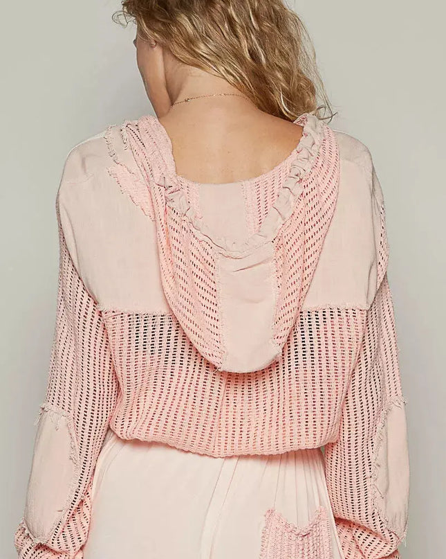 POL Texture Woven Button Down Hooded Shirt with Drawstring Hem - Sleekdenim.com