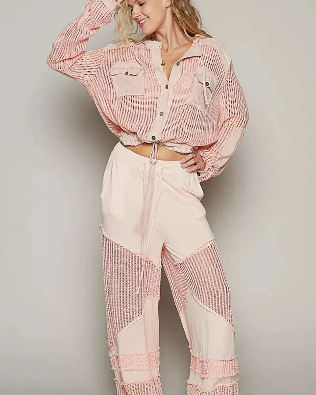 POL Texture Woven Button Down Hooded Shirt with Drawstring Hem - Sleekdenim.com