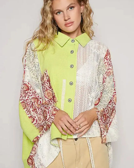POL Thermal and Crochet Lace Mix Shirt with Floral Pattern - Sleekdenim.com