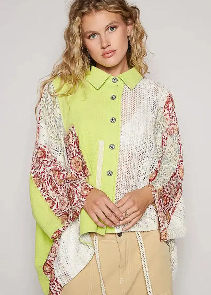 POL Thermal and Crochet Lace Mix Shirt with Floral Pattern - Sleekdenim.com