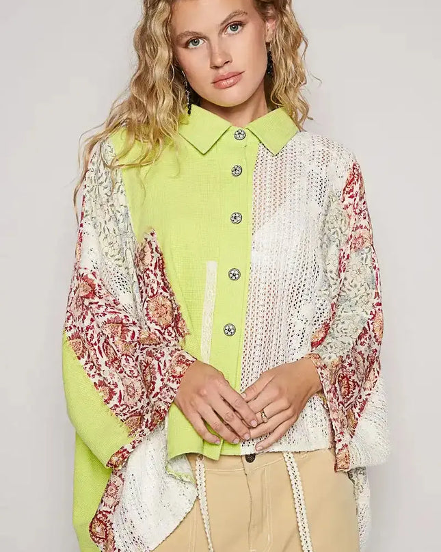 POL Thermal and Crochet Lace Mix Shirt with Floral Pattern - Sleekdenim.com