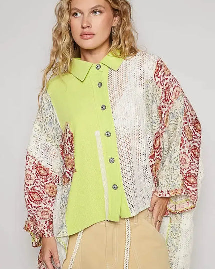 POL Thermal and Crochet Lace Mix Shirt with Floral Pattern - Sleekdenim.com