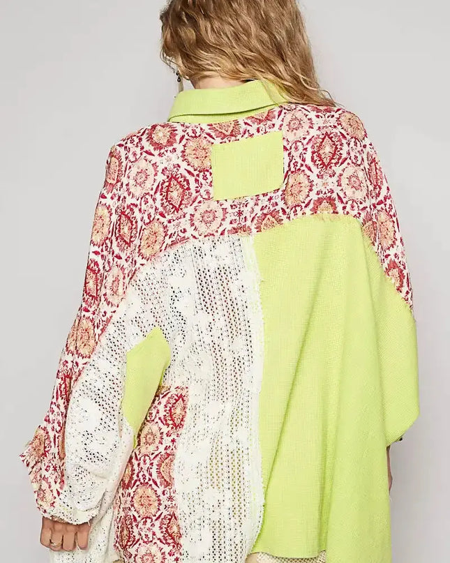 POL Thermal and Crochet Lace Mix Shirt with Floral Pattern - Sleekdenim.com