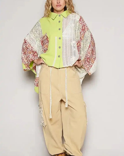 POL Thermal and Crochet Lace Mix Shirt with Floral Pattern - Sleekdenim.com