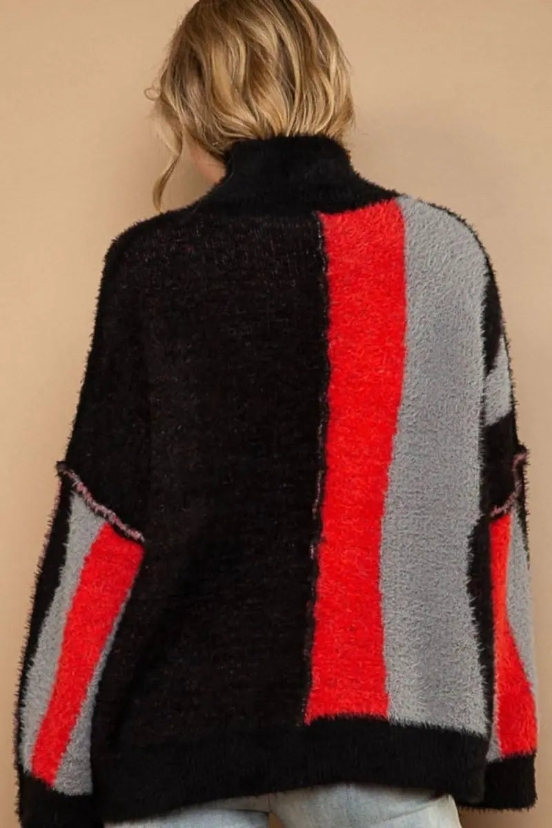 POL Turtleneck Color Block Fringe Detail Sweater - Sleekdenim.com