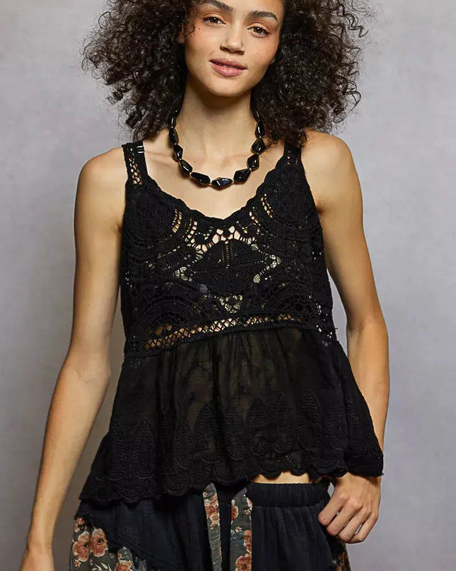 POL V-Neck Crochet Tank with Floral Embroidery Detail - Sleekdenim.com