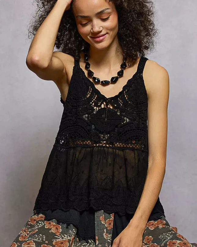 POL V-Neck Crochet Tank with Floral Embroidery Detail - Sleekdenim.com