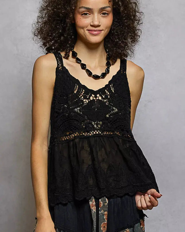 POL V-Neck Crochet Tank with Floral Embroidery Detail - Sleekdenim.com