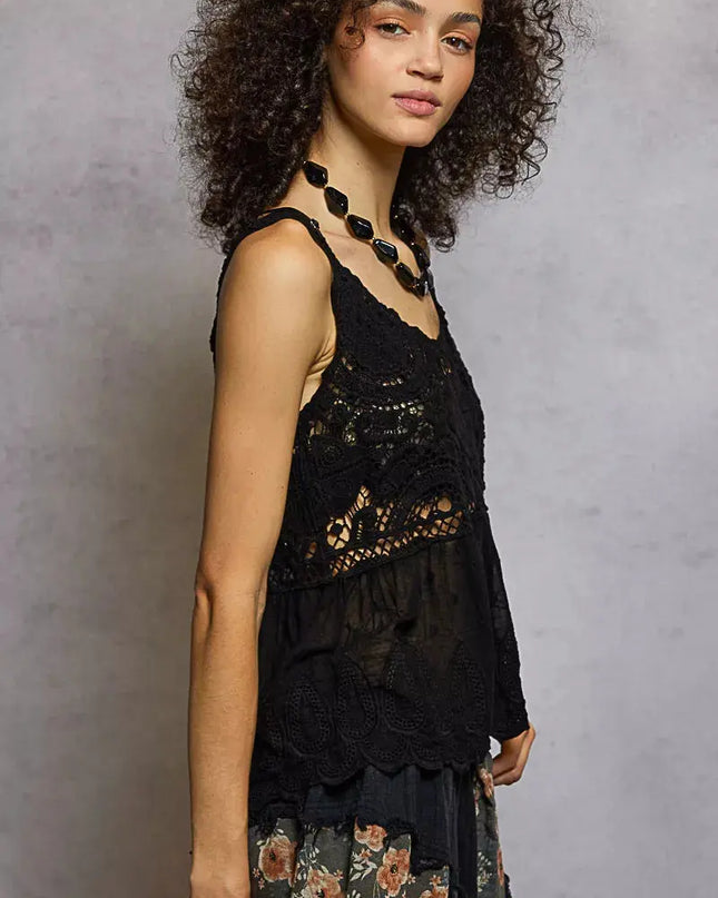 POL V-Neck Crochet Tank with Floral Embroidery Detail - Sleekdenim.com
