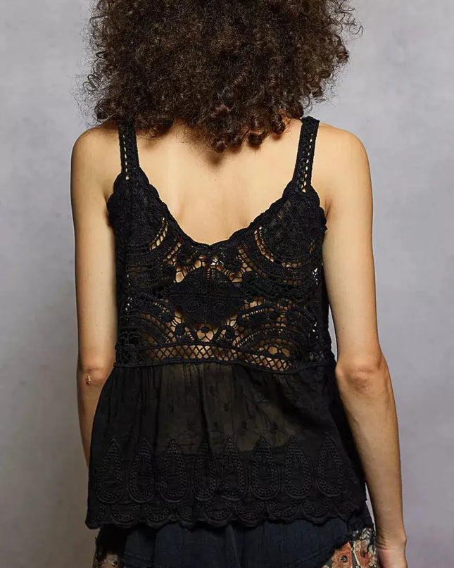 POL V-Neck Crochet Tank with Floral Embroidery Detail - Sleekdenim.com