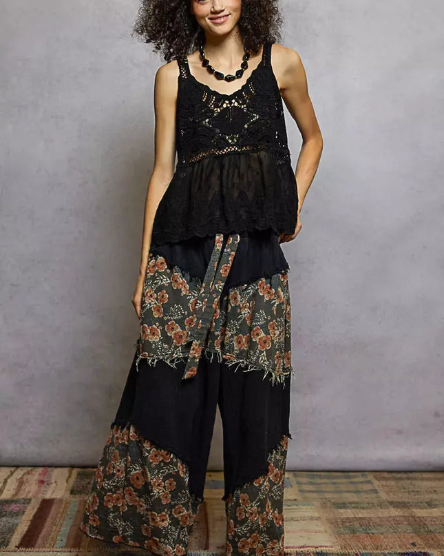 POL V-Neck Crochet Tank with Floral Embroidery Detail - Sleekdenim.com