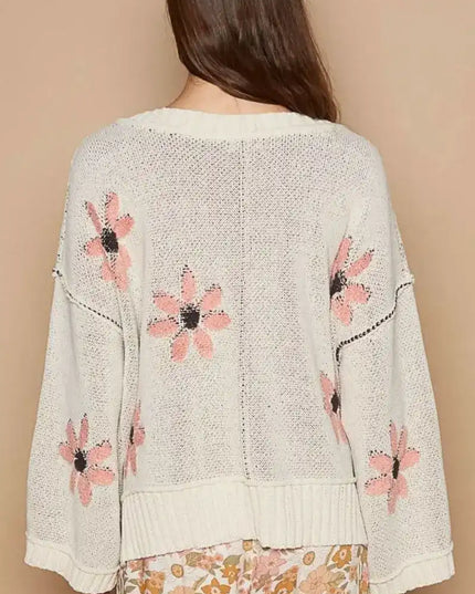 POL V-Neck Floral Pattern Chenille Sweater - Sleekdenim.com