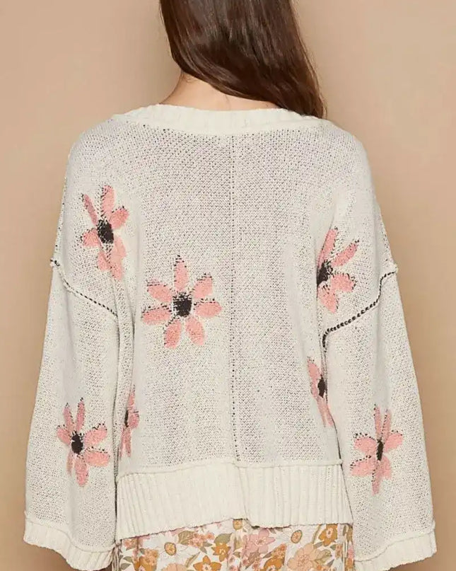 POL V-Neck Floral Pattern Chenille Sweater - Sleekdenim.com