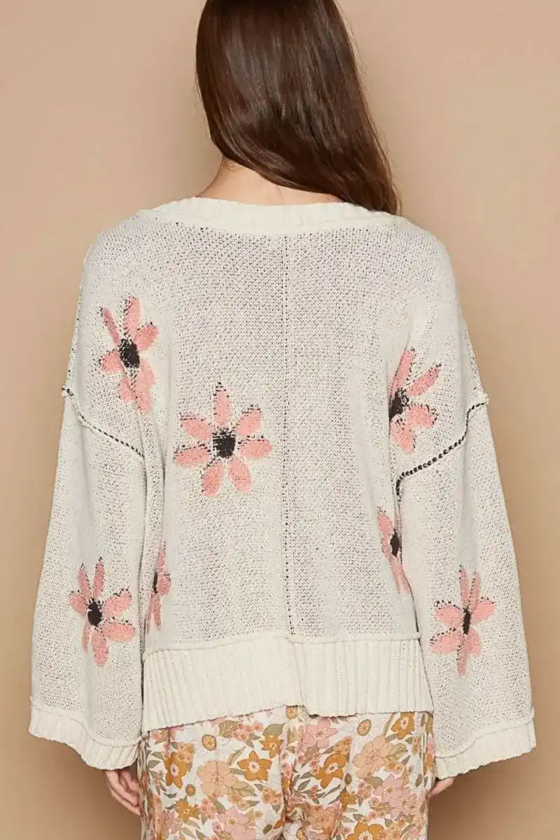 POL V-Neck Floral Pattern Chenille Sweater - Sleekdenim.com