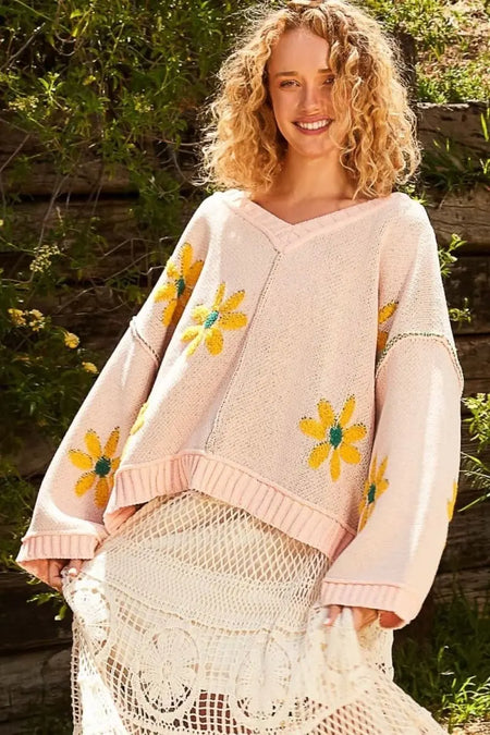 POL V - Neck Floral Pattern Chenille Sweater - Sleekdenim.com