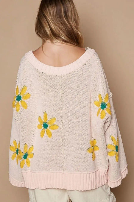 POL V - Neck Floral Pattern Chenille Sweater - Sleekdenim.com