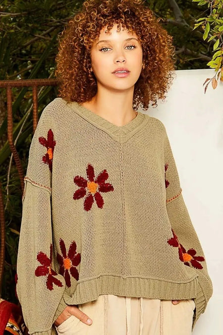 POL V - Neck Floral Pattern Chenille Sweater - Sleekdenim.com