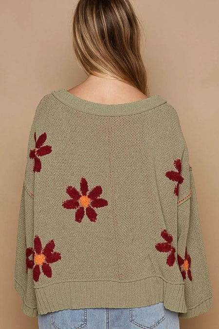 POL V - Neck Floral Pattern Chenille Sweater - Sleekdenim.com