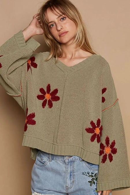 POL V - Neck Floral Pattern Chenille Sweater - Sleekdenim.com